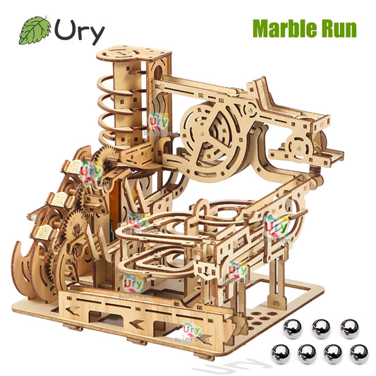 Ury 3D Wooden Puzzles Marble Electric Catapult Track Device Set Mechanical Model Science Maze 7 Balls Assembly Toy for Kids Gift