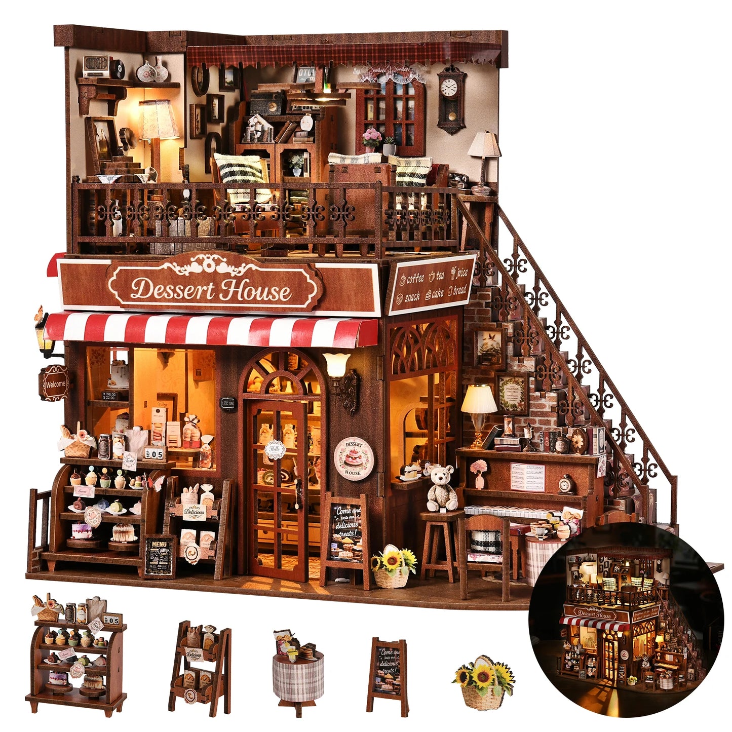 DIY Book Nook Kit Cake Shop Wooden  Bookshop Dollhouse with Light Loveliness Bookshelf Insert 3D Puzzle Decor for Gift