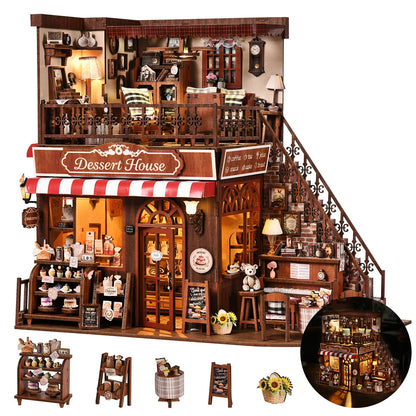 DIY Book Nook Kit Cake Shop Wooden  Bookshop Dollhouse with Light Loveliness Bookshelf Insert 3D Puzzle Decor for Gift