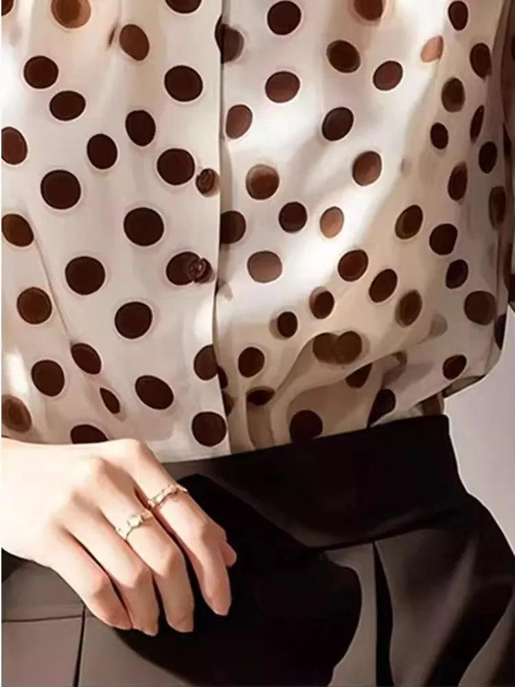 2025 Summer New Loose Polka Dot Women's Shirt Design Sunscreen Chiffon Blouse Elegant Commute Style Long Sleeve  Collar