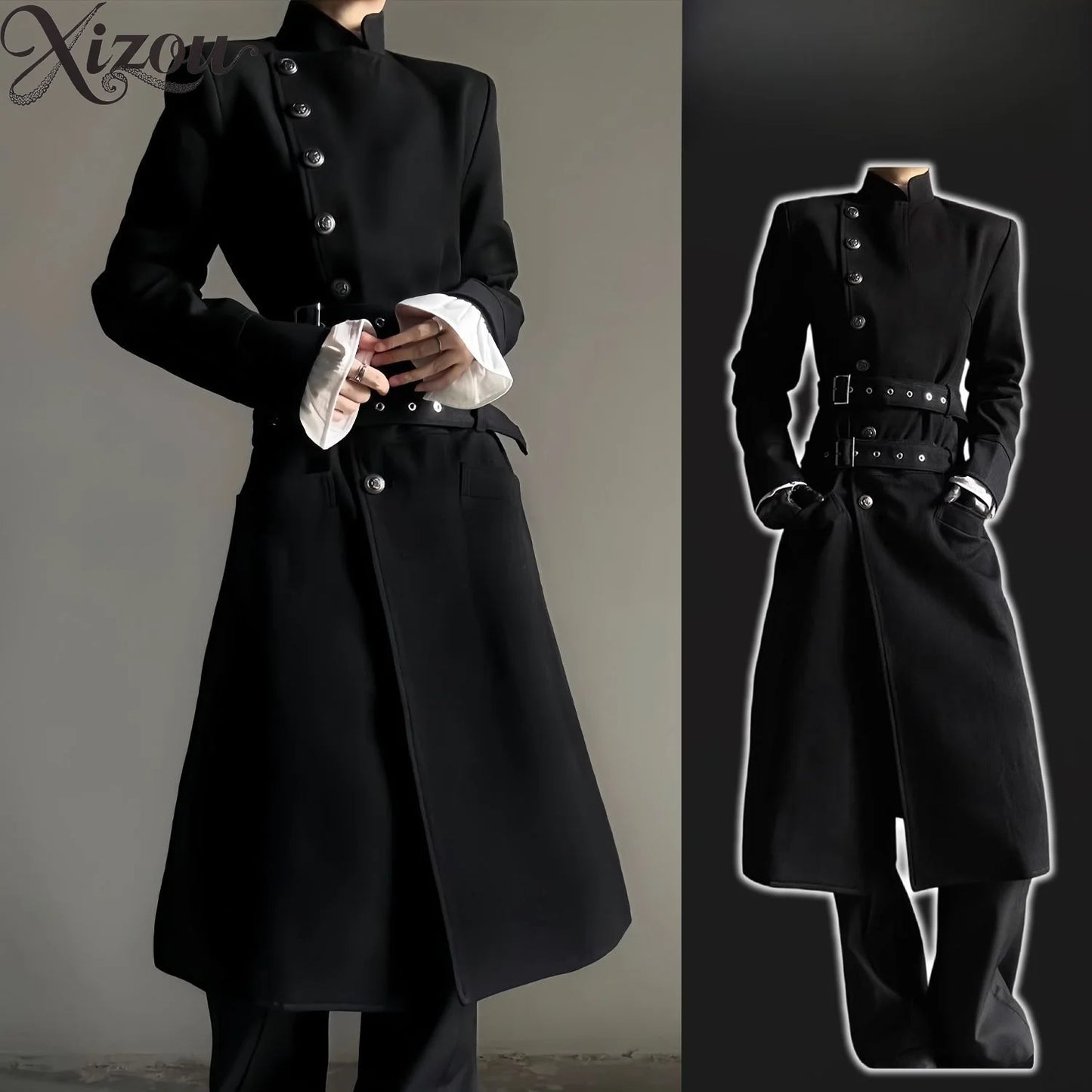 Black Belt Button Long Trench Coat Stand Collar Pad Shoulder Slim Fit Military Uniform  Cosplay Spring Autumn Unisex Men Women