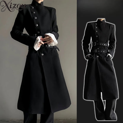 Black Belt Button Long Trench Coat Stand Collar Pad Shoulder Slim Fit Military Uniform  Cosplay Spring Autumn Unisex Men Women