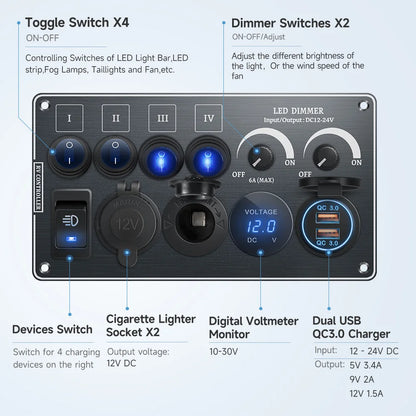 Toggle Switch Multi-Functions Silver Aluminum Panel LED Dimmer Switch 12V 24V for RV Dual Port USB QC3.0  Cigarette Lighter