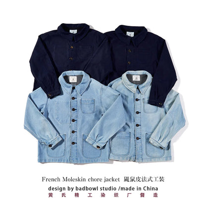 2026 Spring Round Collar Mole Skin French Four Bag Workwear Jacket Heavy Duty Washed Vintage Styleouter Garment Loose Fit Coat