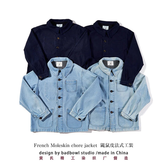 2026 Spring Round Collar Mole Skin French Four Bag Workwear Jacket Heavy Duty Washed Vintage Styleouter Garment Loose Fit Coat