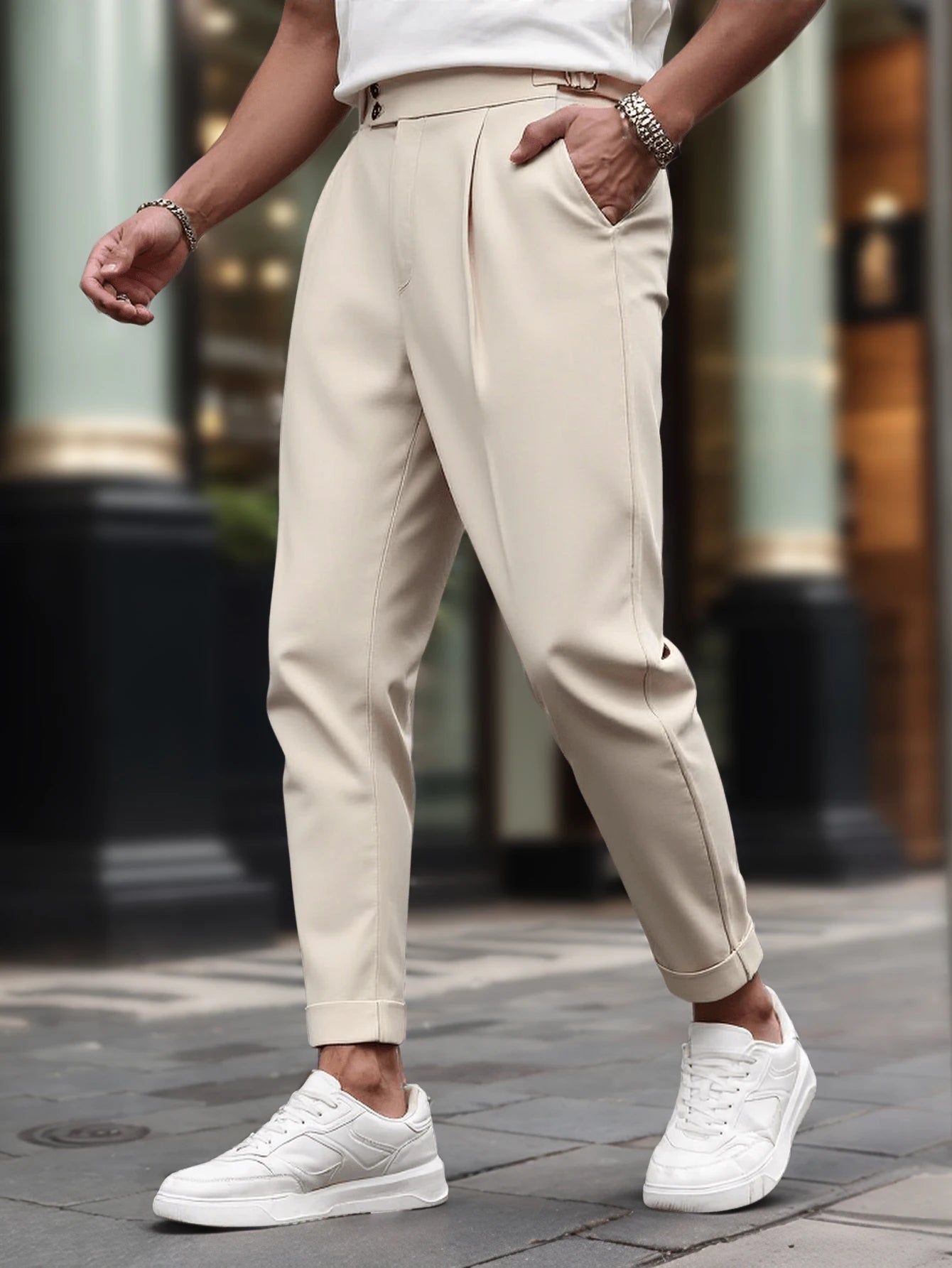 Men's Gurkha High Waist Pleated Cuffed Cropped Dress Pants Polyester Viscose Elastane Business Casual Black Beige Trousers