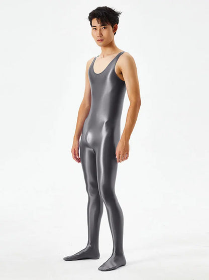 Sexy Body Shaper Jumpsuit Men Fitness Trimmer Sleeveless High Elastic Breathable Sheer Bodysuit With Bulge Pouch Slim Tights