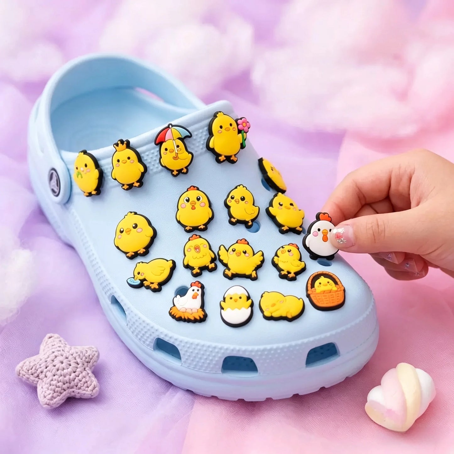 20Pcs Cartoon Chicken PVC Sandals Garden Shoe Charms Decoration Clogs Pins Hole Slipper Accessories Backpack Kid Holiday Gift
