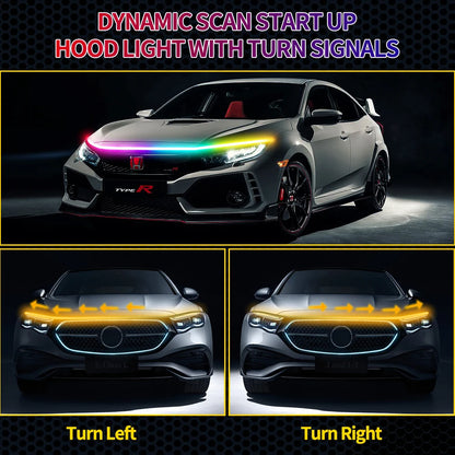 Car Hood Light Strip RGB DRL Strip Dynamic Scan Start Exterior Hoodbeam DRL Daytime Running Lights for Cars SUV 12V App Control