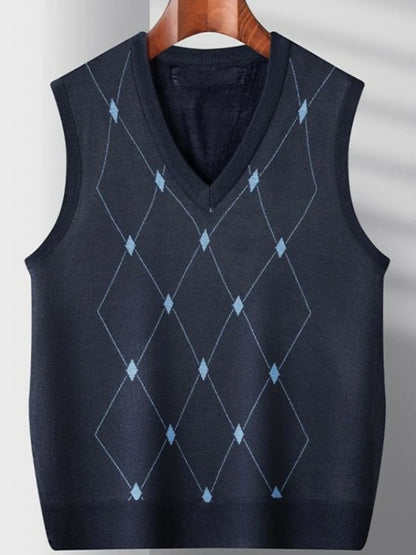 Middle Aged Men's Argyle Knitted Fleece Lined Vest Autumn Winter Thickened Korean Style Casual Waistcoat High Quality