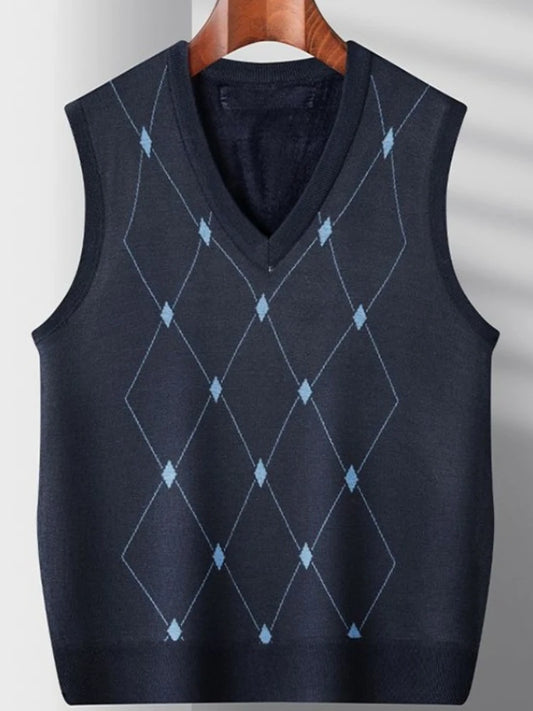 Middle Aged Men's Argyle Knitted Fleece Lined Vest Autumn Winter Thickened Korean Style Casual Waistcoat High Quality
