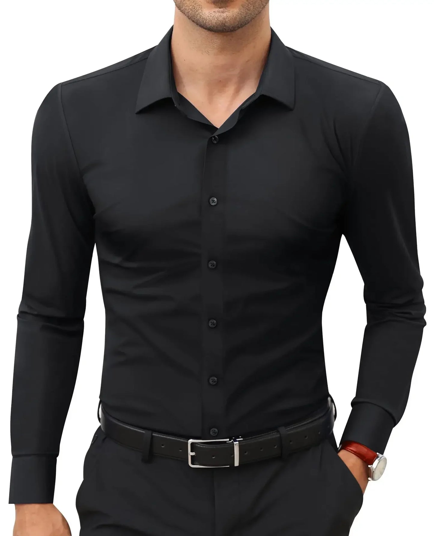 50-130KG non-ironing four-sided elastic men's shirt fashion business dress casual men's long-sleeved solid color shirt