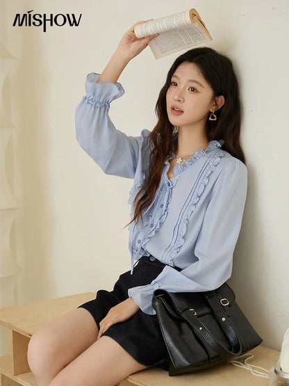 MISHOW 100% Lyocell Women's Blue Shirt 2025 Autumn French Ruffles Long Sleeves Ties Blouse Office Lady Elegant Top MXE45X2484