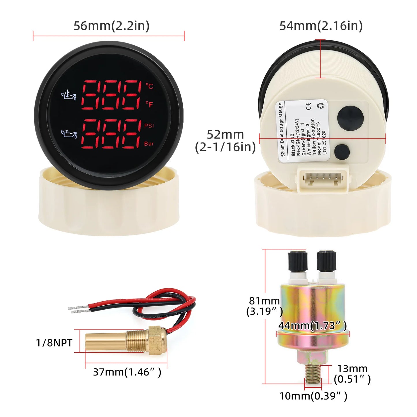 52MM 2 in 1 Digital Oil Temperature & Oil Pressure Gauge 50~150 Celsius Thermometer Indicator Oil Press 0~10 Bar for Boat Cars