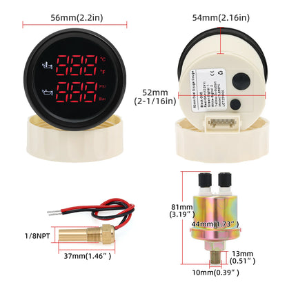52MM 2 in 1 Digital Oil Temperature & Oil Pressure Gauge 50~150 Celsius Thermometer Indicator Oil Press 0~10 Bar for Boat Cars