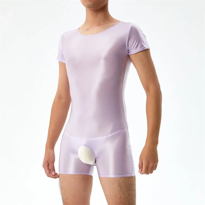 Sexy Men's Open Crotch Bodysuit Short Sleeve Oil Shiny Glossy Tights High Elastic Man Clothing Shapers Exotic Leotard