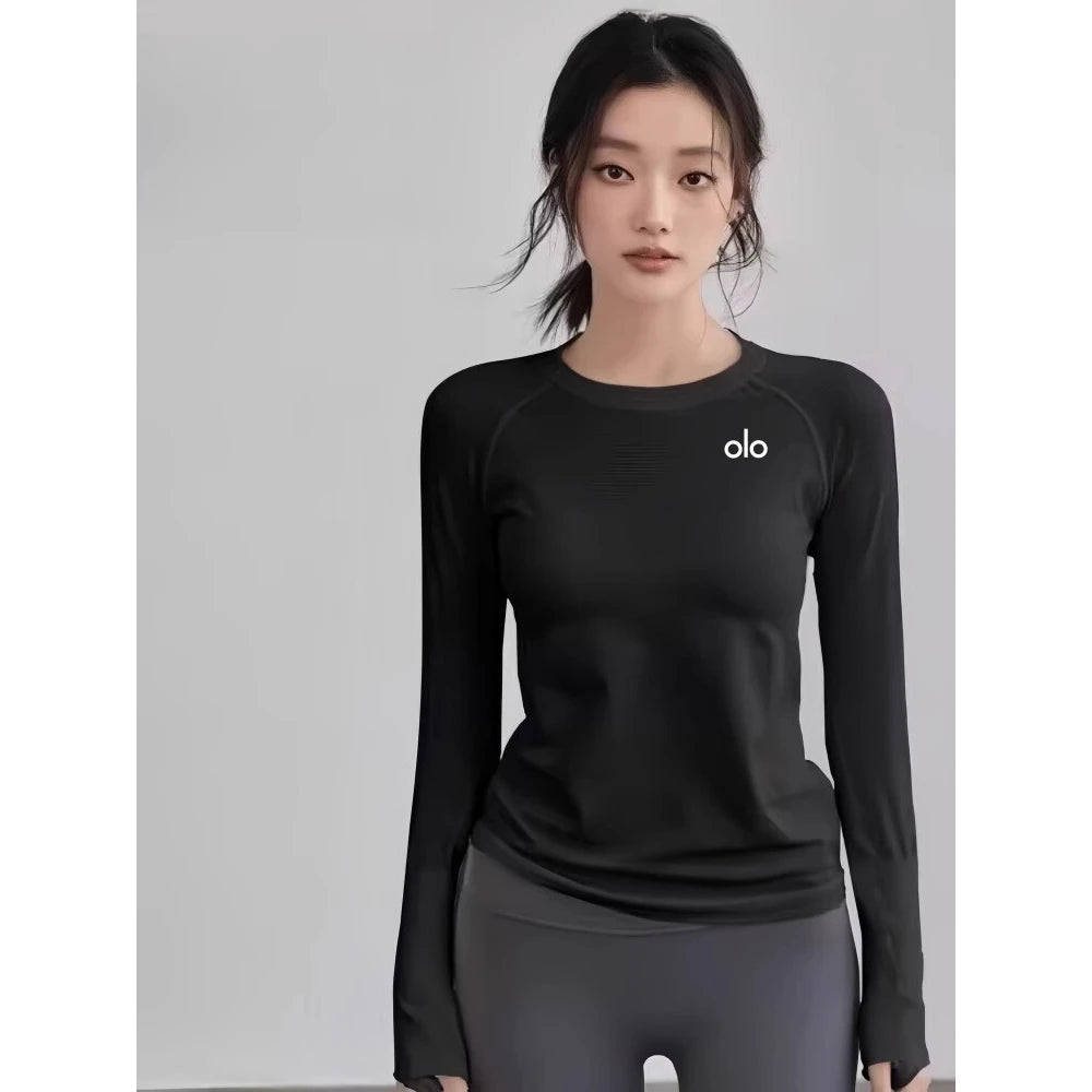ALOUSIV New Long Sleeve round Neck Fitness Clothes Women Summer Running Pilates Training Top Yoga T-Shirt Breathable Nylon