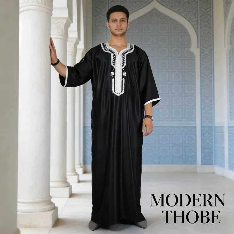 Ethnic Clothing Outfit Mens Plain Black Muslim Embroidered Robe Long Shirt Casual Youth Traditional Daily Fashion
