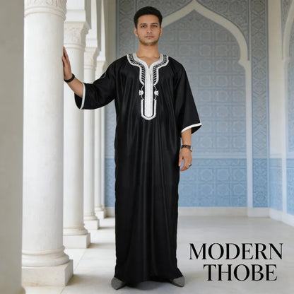 Ethnic Clothing Outfit Mens Plain Black Muslim Embroidered Robe Long Shirt Casual Youth Traditional Daily Fashion
