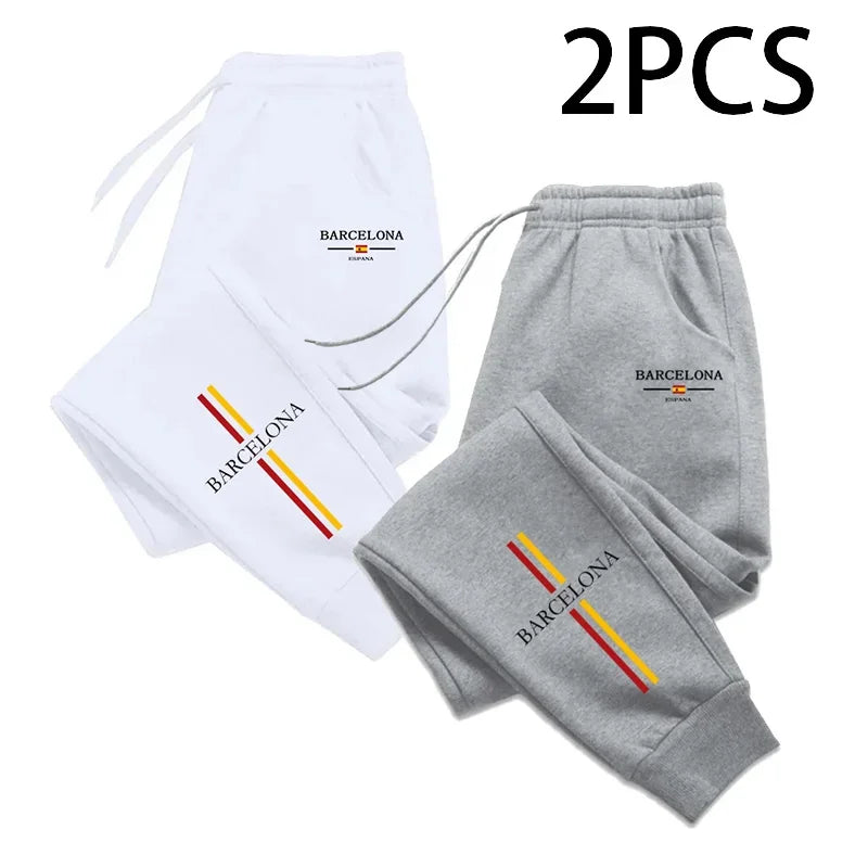 2pcs of 1 Pack Men's Sweatpants Barcenola Print Casual Sporty Jogger Pants Fall Winter Home Outdoor Comfort Warm Trousers 2 in 1