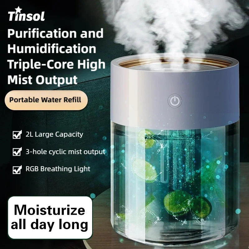 TINSOL 2000ml Triple-Nozzle Spray Humidifier USB Humidifier Air Purifier Mist Purifier Ideal for Home and Office Use