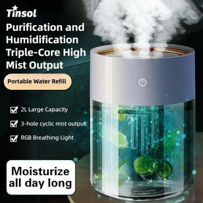 TINSOL 2000ml Triple-Nozzle Spray Humidifier USB Humidifier Air Purifier Mist Purifier Ideal for Home and Office Use