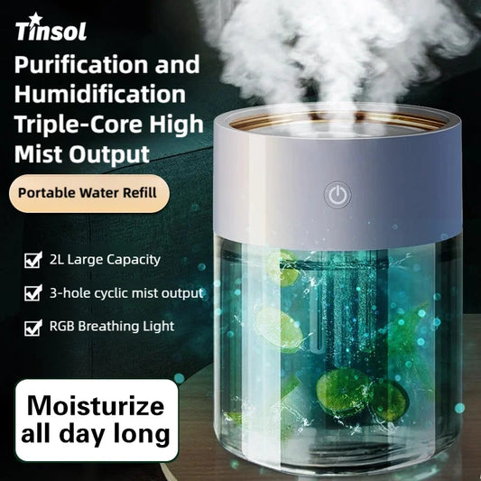 TINSOL 2000ml Triple-Nozzle Spray Humidifier USB Humidifier Air Purifier Mist Purifier Ideal for Home and Office Use