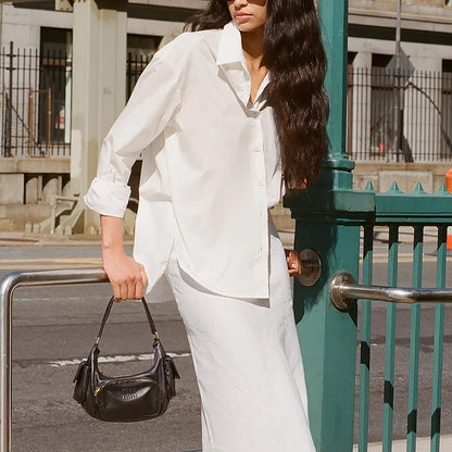 100% Cotton Loose Solid Color Basic Shirt For Women Spring 2026 Elegant Office Ladies Lapel Collared Cardigan Long-Sleeve Shirts