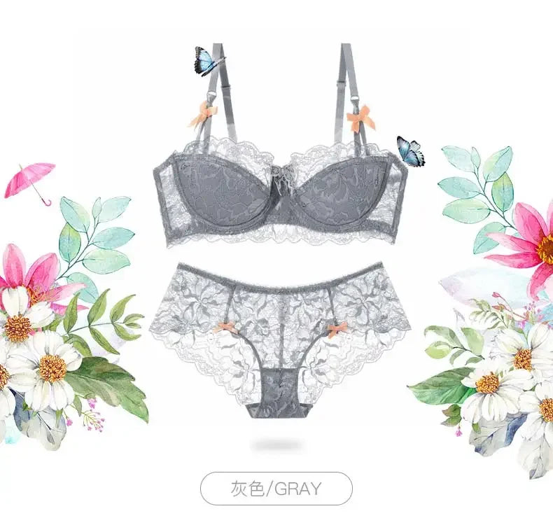 Sexy French Lace Push Up Bra Set for Small Chest, Anti Sagging Half Cup Demi Bra & Panty Lingerie Set, Sheer Adjustable Straps