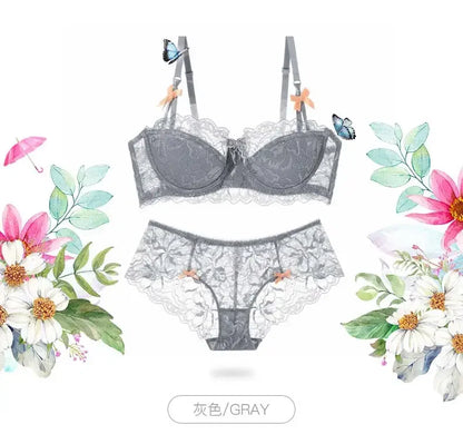 Sexy French Lace Push Up Bra Set for Small Chest, Anti Sagging Half Cup Demi Bra & Panty Lingerie Set, Sheer Adjustable Straps