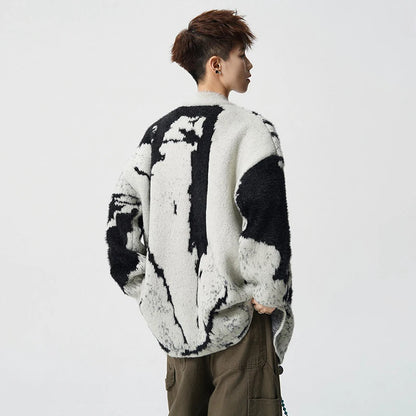 LUZHEN 2025 Winter New Original Color Contrast Ink Printed Knitted Cardigan Men Fashion Round Neck Handsome Male Sweater JY5391
