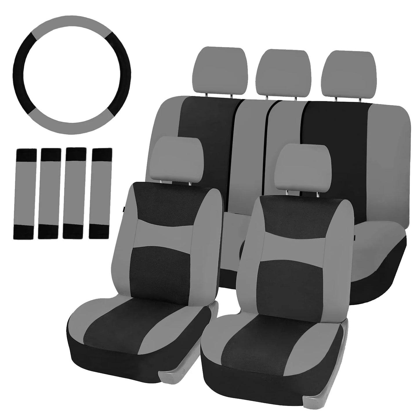 AUTOKING Universal Car Seat Covers Set Breathable Polyester Front Rear Covers with Steering Wheel & Seatbelt Pads Fits Most Car