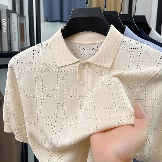 Summer Knitted Short-Sleeved Polo Shirt Lapel Button Argyle Pinhole Casual Breathable Old Money Style Solid Color Mens Clothing