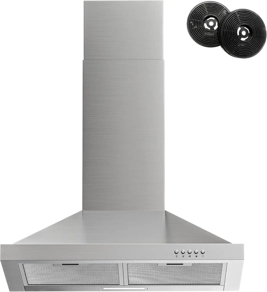 Range Hood 24 inch Wall Mount Type with Ducted/Ductless Convertible, 450 CFM Stainless Steel Chimney-Style Kitchen Hood, Over