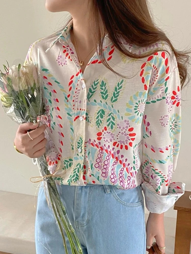 Chic Women's Shirt Vintage Gentle Loose Design Sensation Elegance Korean Style Long Sleeve  Collar Print Casual Fashion
