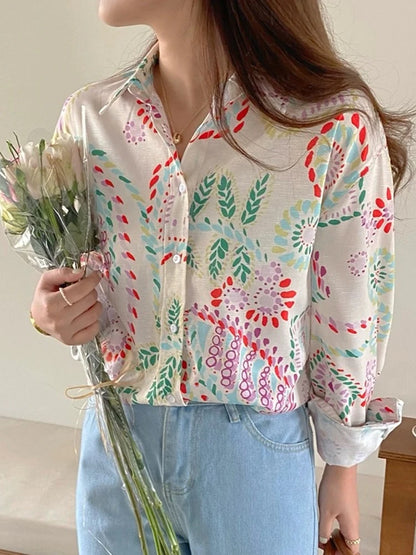 Chic Women's Shirt Vintage Gentle Loose Design Sensation Elegance Korean Style Long Sleeve  Collar Print Casual Fashion