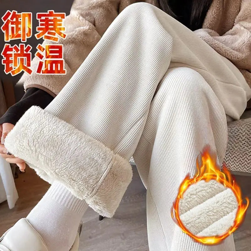 Autumn Winter Lamb Fleece White Thick Thick Wide Leg Pants Women Feel Loose High Waist White Straight Casual Pants Joggers Women