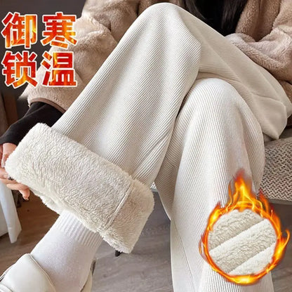 Autumn Winter Lamb Fleece White Thick Thick Wide Leg Pants Women Feel Loose High Waist White Straight Casual Pants Joggers Women