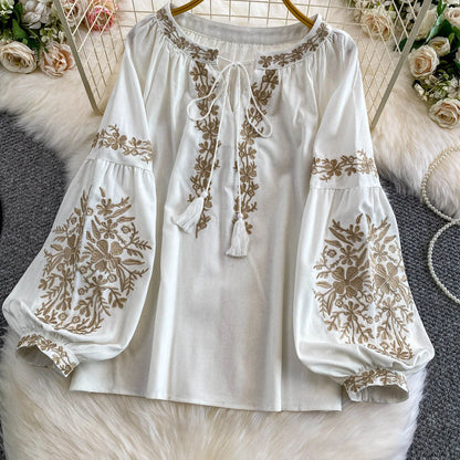 Bohemian Vacation Style Women's Shirt round Neck Lantern Sleeve Embroidery Heavy Work Autumn Design Sense Knot Design Top