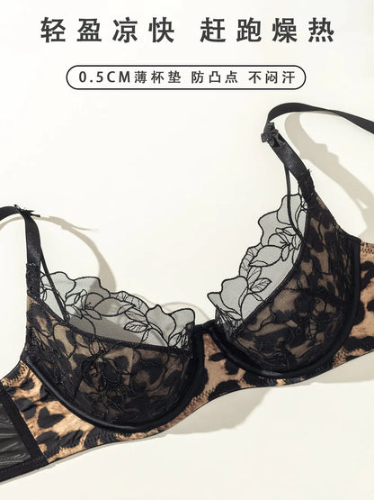 Plus Size  Lingerie Set for Women Leopard Print Lace Embroidery Push Up Bra Big Cup Small Appearance Gathered Soft Wire Bra S-XL