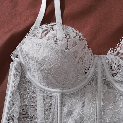 Ellolace Premium Women's Lingerie Sets Romantic Palace Corset Bra Panty Choker 3PC Elegant Princess Intimate Silver Underwear