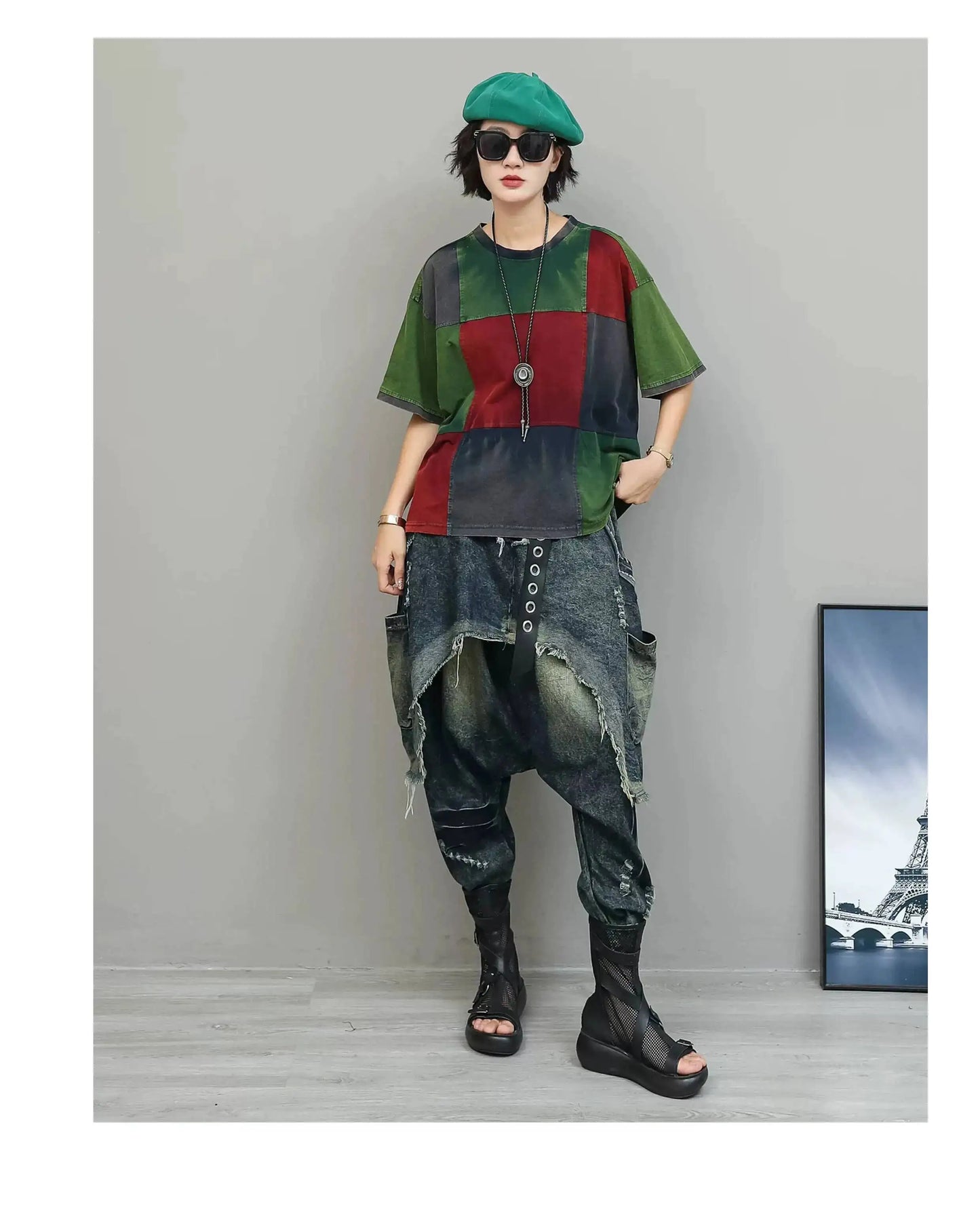 Color-blocked Suit Women Short-sleeve T-shirt + Loose Faux Two-piece Denim Drop-crotch Pants Two Piece Set Summer XY311