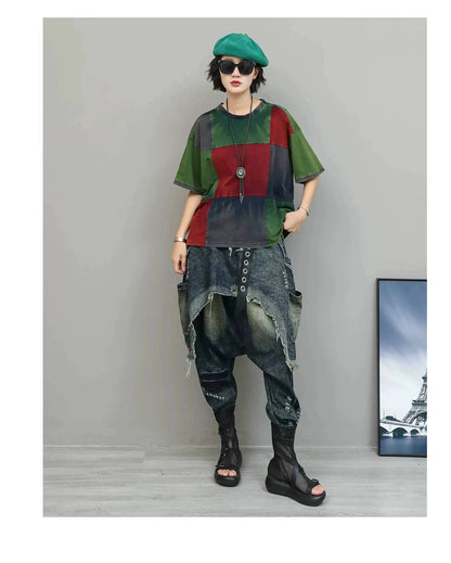 Color-blocked Suit Women Short-sleeve T-shirt + Loose Faux Two-piece Denim Drop-crotch Pants Two Piece Set Summer XY311