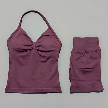 HISTELLO 2 Pieces Sports Set Women Yoga Longline Strap Top Scrunch Seamless Shorts Sport Gym Set Sportswear Workout Fitness Set