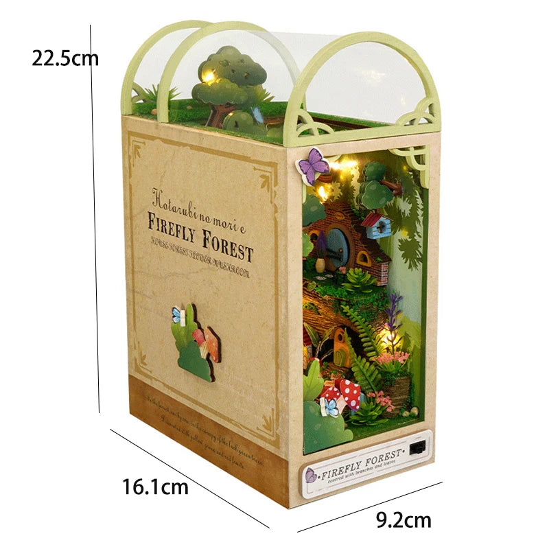 DIY Book Nook Shelf Insert Kit 3D Wooden Puzzle Doll House Assembly Building Model Bookends With Furniture LED Light Xmas Gifts