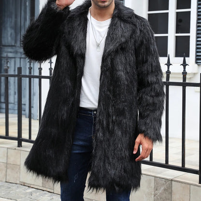 Men s Faux Fur Hooded Parka Winter Warm Long Sleeve Solid Color Print Long Jacket Open Front Overcoat with Pockets