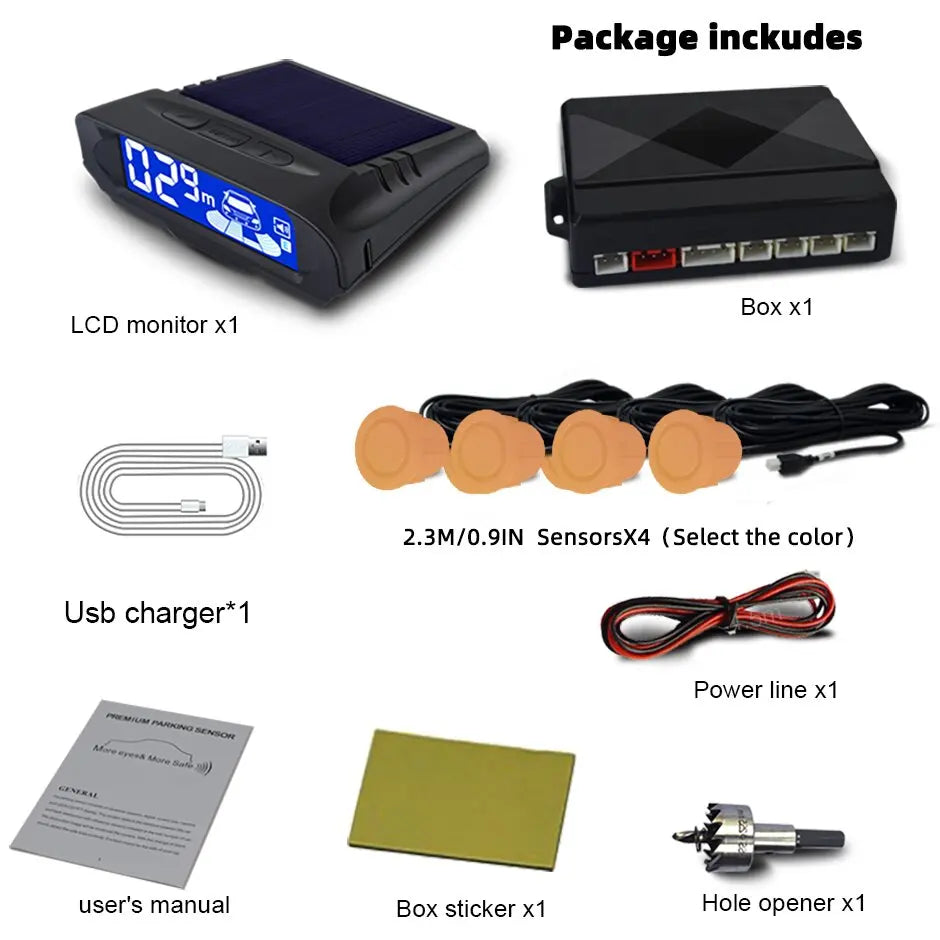 QXNY Wireless Solar Charging 4 Parking Sensors Kit Backup Radar Rear Parktronic Auto LCD Monitor Detector Assistance Reverse