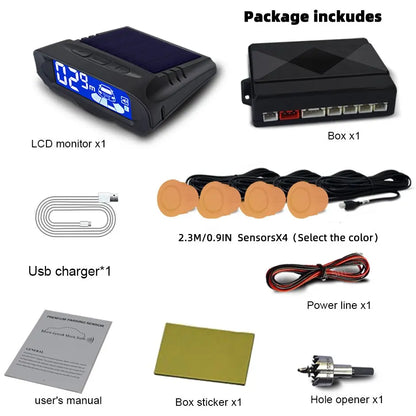 QXNY Wireless Solar Charging 4 Parking Sensors Kit Backup Radar Rear Parktronic Auto LCD Monitor Detector Assistance Reverse