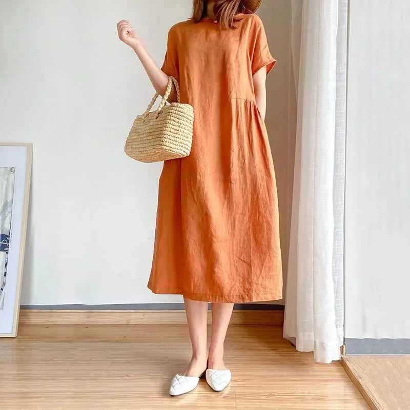Casual Cotton Linen Dress Artistic Short Sleeve Midi Skirt Women's Fashion Summer round Neck Single Piece A-Line Skirt