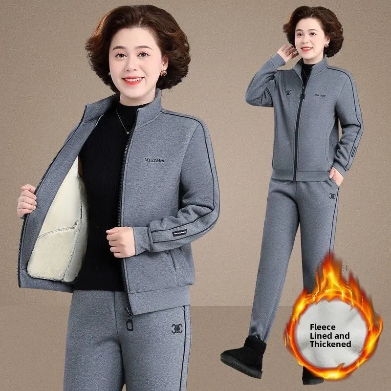 Thickened Fleece Lined Casual Sportswear Set for Middle-Aged Women Autumn Winter Two-Piece Suit Loose Fit Long Pants Zipper C...